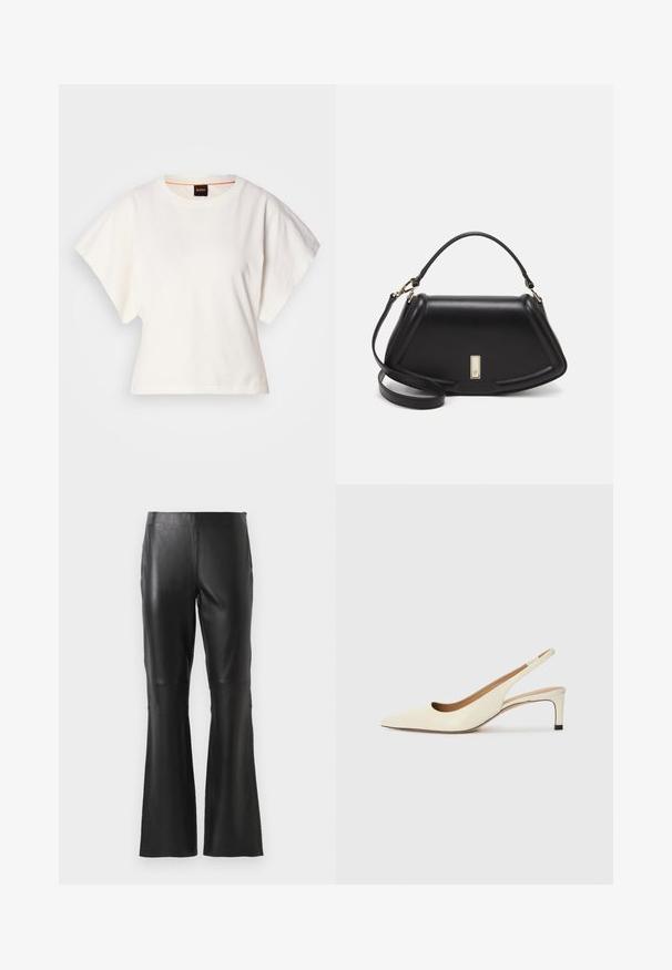 Witte gecropte T-shirt, korte brede mouwen, zachte katoenmaterialen, ronde halslijn met subtiele oranje rand, minimalistisch ontwerp, geen patronen of graphics.; Zwarte hooge-waisted nep leren broek met flare benen en details op de voornaad, gepresenteerd tegen een effen witte achtergrond.; Puntaal geschoen met slingback in off-white leer, met een lage hak en uitsnedeontwerp, voorzien van een gladde textuur en minimale accenten.; Zwarte leren handtas met een gestructureerd ontwerp, featuring een verkorte vorm, bovenhandvat en gouden hardwareaccent. Inclusief verstelbare schouderband.