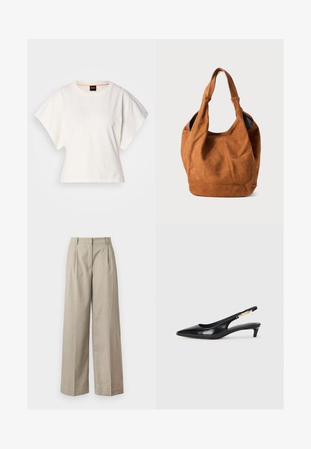Valkoinen lyhythihainen t-paita, leveät lyhyet hihat, pehmeää puuvillamateriaalia, pyöreä pääntie jossa hienovarainen oranssi reunus, minimaalinen muotoilu, ei kuvioita tai graafisia elementtejä.; Beiget leveled trousers, jotka on valmistettu sileästä kankaasta, varustettu istuvalla vyötäröllä, laskoksilla ja löysällä istuvuudella lahkeissa. Yksinkertainen muotoilu ja puhtaat linjat.; Mustat nahkaiset slingback-korkokengät, joissa on terävä kärki, ohuet korot ja kultasävytteinen yksityiskohta säädettävässä hihnassa. Silkkinen pinta.; Ruske nubukikuorinen olkalaukku, jossa on pehmeä pinta, kaareva muoto ja kaksi kahvaa. Ominaisuutena on minimalistinen muotoilu ilman näkyvää metalliosia tai koristeita.