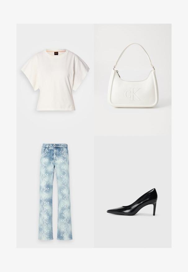 Baltas trumpas marškinėliai, plačios trumpomis rankovėmis, minkšta medvilnė, apvali kaklo iškirptė su subtiliu oranžiniu apvadu, minimalus dizainas, be raštų ar grafikų.; Šviesiai mėlynų gy snakeskin raštuotų džinsų atsipalaidavęs fasonas, su klasikinėmis juosmens juostomis, užtrauktuku ir nurašytais kraštais.; Juodas odinis aukštakulnis batelis su smailiu pirštu, lygiu paviršiumi ir siauru kulnu. Minimalistinis dizainas, jokių papildomų puošmenų.; Balta odinė rankinė su išlenkta forma, su reljefiniu "CK" logotipu priekyje ir viena petneša. Užtrauktuko uždarymas viršuje.