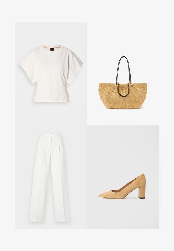 White cropped T-shirt, short wide sleeves, soft cotton material, round neckline with subtle orange trim, minimal design, no patterns or graphics.; White wide-leg trousers with pleats, belt loops, and a button closure. Smooth texture, structured design, suitable for various occasions.; Beige suede high-heeled pump with a pointed toe and a chunky block heel. The material has a soft texture with a smooth finish.; Woven straw tote bag in beige, featuring black leather handles and silver hardware. Spacious, curved shape with textured surface.