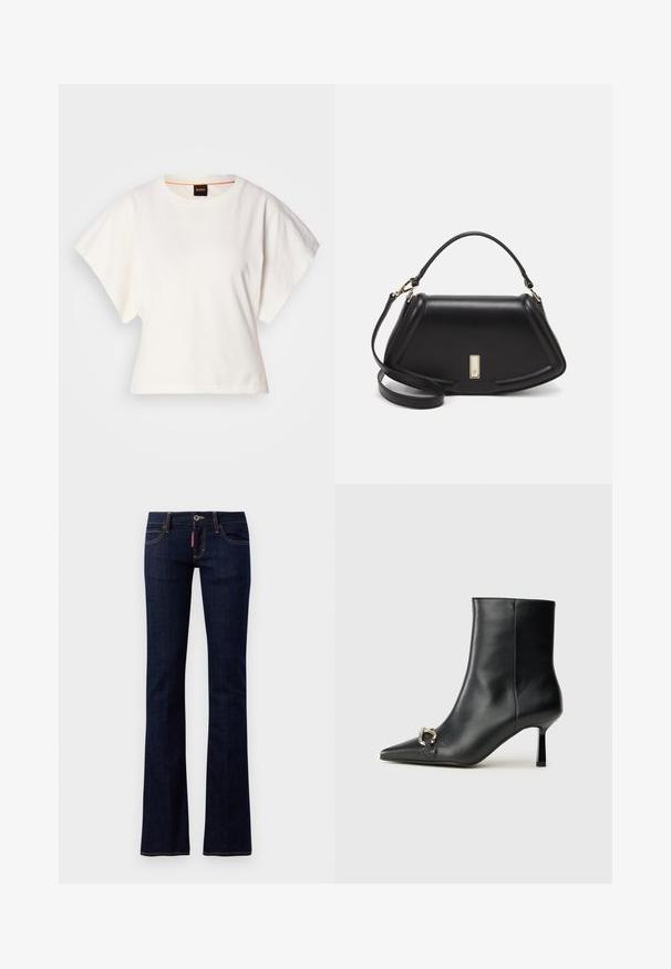 Camiseta blanca recortada, con mangas cortas y anchas, material de algodón suave, cuello redondo con un sutil ribete naranja, diseño minimalista, sin patrones ni gráficos.; Jeans de mezclilla azul oscuro acampanados con diseño estándar de cinco bolsillos, detalles de costura visibles y cierre con botón en la cintura.; Botín negro de cuero hasta el tobillo con punta afilada, tacón delgado de altura media y detalle de hebilla plateada en el lateral, sobre un fondo liso.; Bolso de mano de cuero negro con un diseño estructurado, que presenta una forma recortada, asa superior y acentos en dorado. Correa de hombro ajustable incluida.