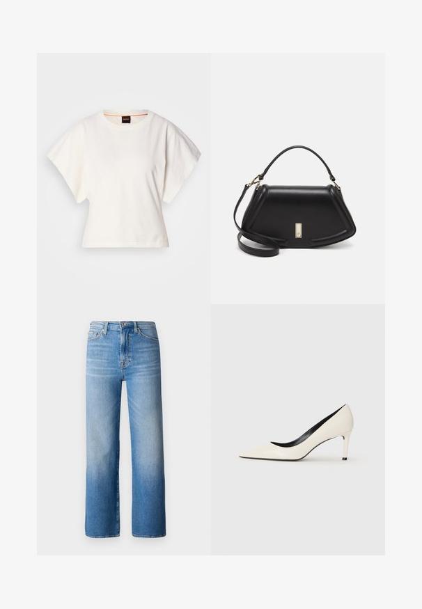 White cropped T-shirt, short wide sleeves, soft cotton material, round neckline with subtle orange trim, minimal design, no patterns or graphics.; Light blue wide-leg jeans made from denim. Features a mid-rise waist, five pockets, and a faded wash with subtle tonal variations.; White patent leather high-heeled pump with a pointed toe, slim heel, and black interior detailing. Smooth texture and sleek design.; Black leather handbag with a structured design, featuring a cropped shape, top handle, and gold hardware accent. Adjustable shoulder strap included.