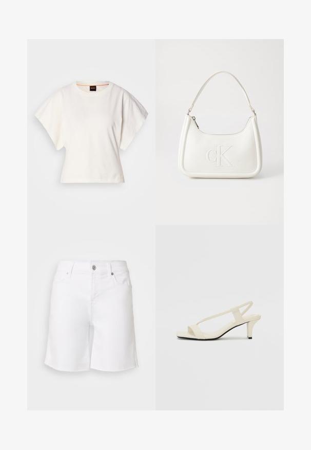 Biała, krótka koszulka z szerokimi rękawami, wykonana z miękkiej bawełny, okrągły dekolt z delikatnym pomarańczowym wykończeniem, minimalistyczny design, bez wzorów i grafik.; Białe szorty dżinsowe z surowym wykończeniem, pięcioma kieszeniami i metalowym zapięciem. Charakteryzują się dopasowanym stanem i luźnym krojem nogawek.; Beżowe sandały na blokowym obcasie z cienkimi ramiączkami i kwadratowym noskiem. Gładki materiał z minimalną ilością detali, zaprojektowane z myślą o łatwym zakładaniu.; Biała skórzana torebka o zaokrąglonym kształcie, z wytłoczonym logo "CK" z przodu i pojedynczym paskiem na ramię. Zapięcie na zamek z góry.