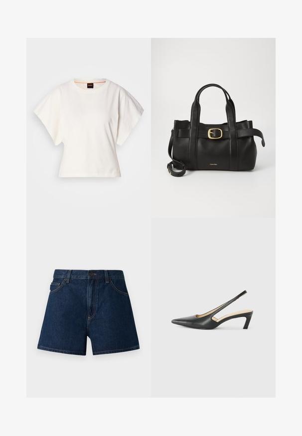 Baltas trumpas marškinėliai, plačios trumpomis rankovėmis, minkšta medvilnė, apvali kaklo iškirptė su subtiliu oranžiniu apvadu, minimalus dizainas, be raštų ar grafikų.; Tamsiai mėlyni džinsiniai šortai. Turi klasikinio kirpimo juosmenį, priekinę kišenę ir matomas siūles. Lygus paviršius, minimalistinis dizainas.; Juodas smailus slingback batelis su žemu kulnu, pagamintas iš lygaus odos paviršiaus ir su išpjovomis šone, užtikrinančiomis oro pralaidumą.; Juodas odinis rankinės maišas su struktūrizuotu dizainu, dviem viršutinėmis rankenomis, auksinės spalvos sagtimi ir iškilniu prekės ženklu priekyje.