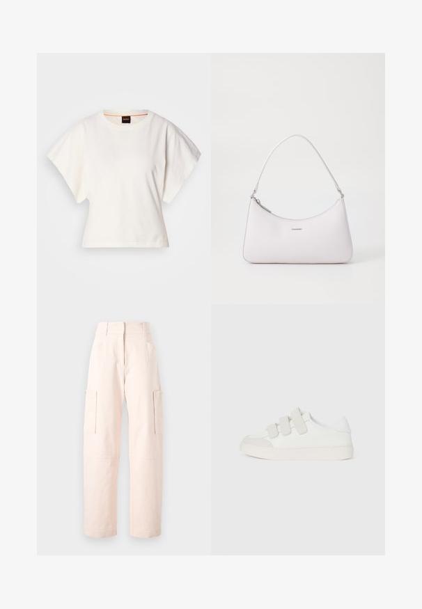 Λευκό κοντομάνικο μπλουζάκι, φαρδιές κοντές μανίκες, μαλακό βαμβακερό υλικό, στρογγυλή λαιμόκοψη με διακριτική πορτοκαλί λεπτομέρεια, μινιμαλιστικός σχεδιασμός, χωρίς σχέδια ή γραφικά.; Ανοιχτό ροζ cargo παντελόνι από βαμβάκι, με ίσια γραμμή, δύο πλάγιες τσέπες και ζώνη με ελαστικές λεπτομέρειες.; Λευκό πάνινο παπούτσι με απαλό δερμάτινο άνω μέρος, τρεις βέλκρο λωρίδες στο πάνω μέρος, στρογγυλή μύτη και χοντρή ανοιχτόχρωμη λαστιχένια σόλα.; Ροζ δερμάτινη τσάντα ώμου με καμπυλωτό σχέδιο, κλείσιμο με φερμουάρ και ασημί μεταλλικά στοιχεία. Μινιμαλιστικό λογότυπο μπροστά.