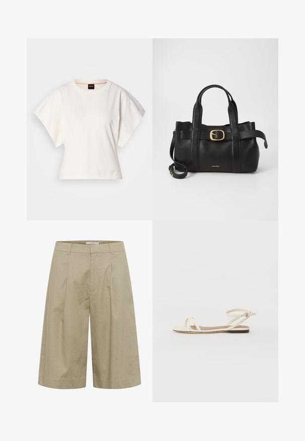 Fehér, rövid, bő ujjú, crop szabású póló, puha pamut anyagból, kerek nyakkivágással, finom narancssárga díszítéssel, minimalista dizájn, minta vagy grafika nélkül.; Bézs vászon culotte nadrág, széles szárú kialakítással, elülső redőkkel és sima textúrával. A derék rész laposan fekszik, látható rögzítések nélkül.; Krém színű bőr lapos szandálok vékony keresztpántokkal, csattal ellátott bokapánt, minimalista dizájn és kontrasztos fekete talp.; Fekete bőr kézitáska, amely strukturált kialakítással rendelkezik, dupla felső fogantyúval, arany tónusú csattal és a márka dombornyomott logójával az elején.