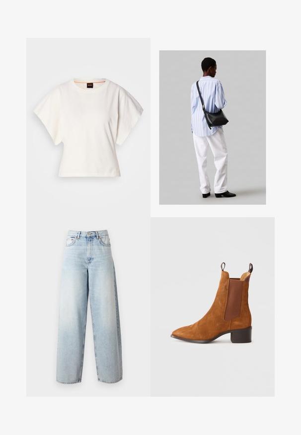 Baltas trumpas marškinėliai, plačios trumpomis rankovėmis, minkšta medvilnė, apvali kaklo iškirptė su subtiliu oranžiniu apvadu, minimalus dizainas, be raštų ar grafikų.; Samsøe Samsøe HARPER - Platėjantys džinsai - frozen snow; Rudos samto auliniai batai iki kulkšnies su smailiu pirštu, elastingais šonais ir žemu blokiniu kulnu. Yra užtraukimai, kad būtų lengva juos užsidėti.; Juodas odinis petinis krepšys su minkšta tekstūra, trikampiu pavidalu ir reguliuojama juosta, derinamas su šviesiai mėlynu dryžuotu marškinėliu ir baltais džinsais.