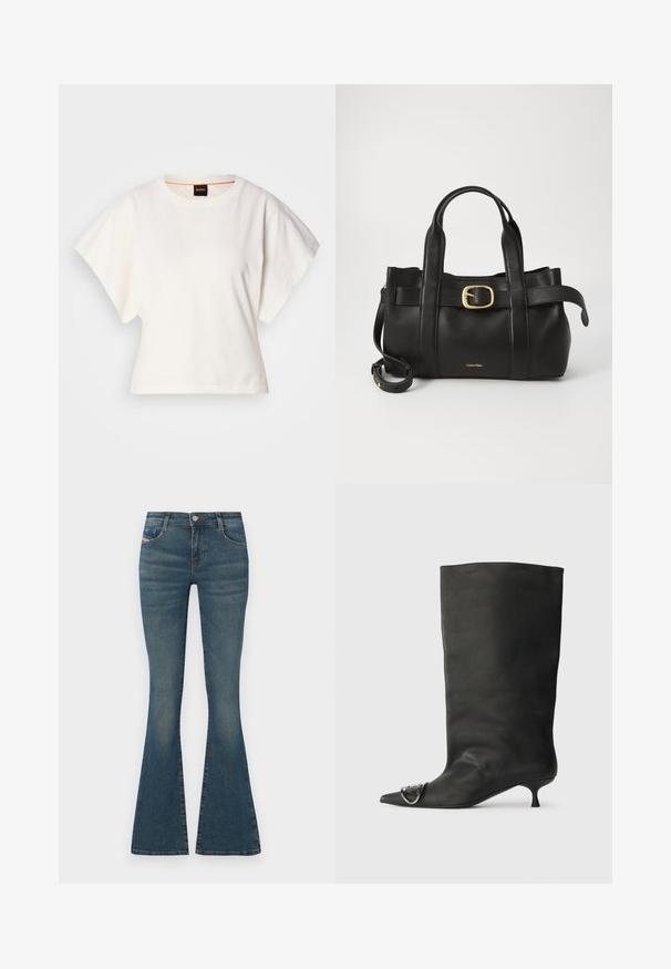 T-shirt blanc cintré, manches courtes et larges, en coton doux, décolleté rond avec une discrète bordure orange, design minimaliste, sans motifs ni graphiques.; Jeans évasés en denim de couleur bleue, dotés d'une taille mi-haute, de poches avant et d'une légère décoloration le long des jambes. Style classique à cinq poches.; Bottines en cuir noir à bout pointu, petite talon et détail métallique sur le bout. Texture lisse et mate partout.; Sac à main en cuir noir présentant un design structuré, deux poignées supérieures, un accent de boucle en ton doré et un logo de la marque en relief à l'avant.