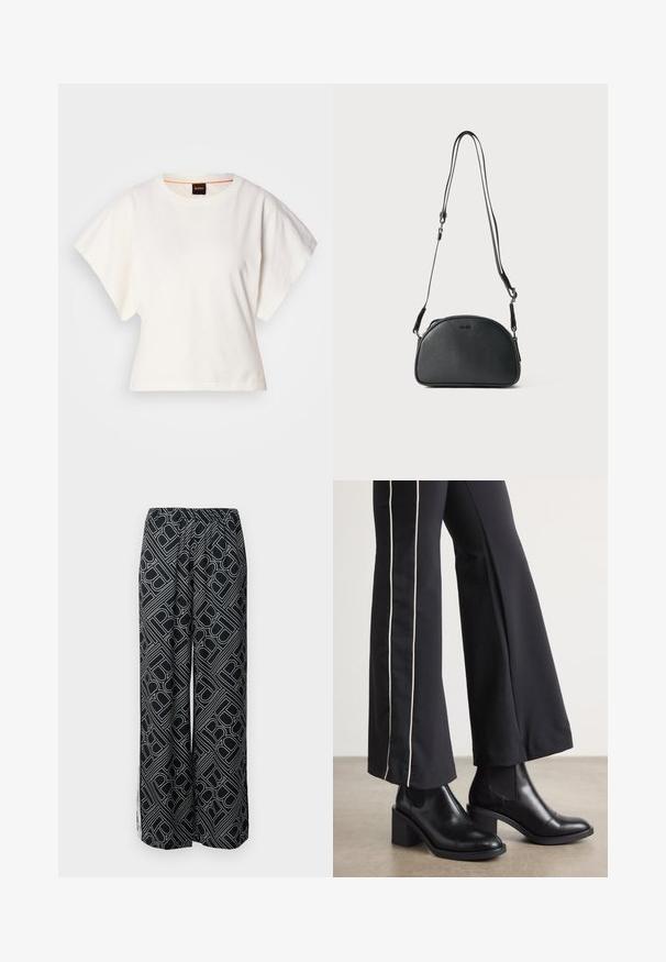 Hvit cropped T-skjorte, korte vide ermer, myk bomullsmateriale, rund halslinning med subtilt oransje kantbånd, minimalistisk design, uten mønstre eller grafikk.; Vide benbukser laget av svart stoff med et hvitt geometrisk mønster. Elastisk midje, flytende design og sidesnitt.; Sorte skinn ankle boots med blokkhæl, med elastiske sidepaneler. Kombinert med sorte bukser som har en hvit sidestripe.; Svart lær crossover-veske med avrundet form, to justerbare stropper og en subtil logo på forsiden. Teksturert overflate, minimalistisk design.