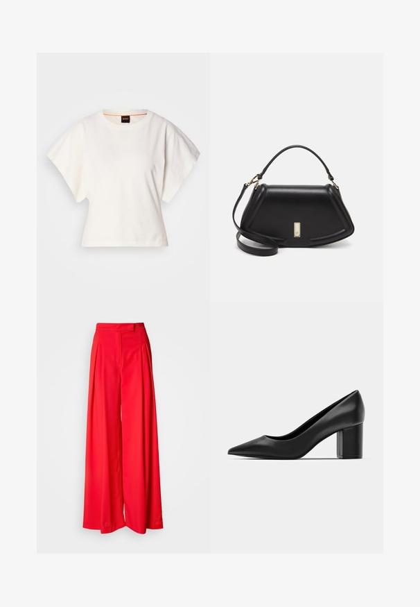 White cropped T-shirt, short wide sleeves, soft cotton material, round neckline with subtle orange trim, minimal design, no patterns or graphics.; Red wide-leg trousers made of smooth fabric, featuring front pleats, a flat waistband, and a tailored fit. The design emphasizes a fluid silhouette.; Black leather pump with a pointed toe and a chunky square heel. Smooth texture, simple design, suitable for formal settings.; Black leather handbag with a structured design, featuring a cropped shape, top handle, and gold hardware accent. Adjustable shoulder strap included.