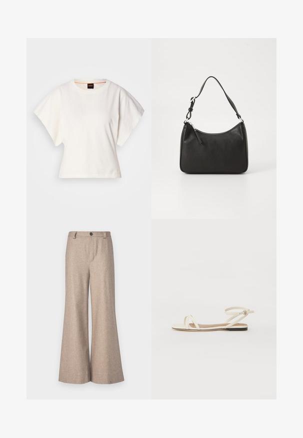 Hvit cropped T-skjorte, korte vide ermer, myk bomullsmateriale, rund halslinning med subtilt oransje kantbånd, minimalistisk design, uten mønstre eller grafikk.; Beige vide benbukser laget av et teksturert stoff. Har knappestilling, beltehemper og en tilpasset passform med en ren, ferdigkant.; Flate sandaler i kremfarget skinn med tynne kryssremmer, ankelsremsbånd med spenne, minimalistisk design og en kontrasterende svart såle.; Svart lærveske med en buet form, en enkelt stropp, glidelåslukking og subtil merkevarebygging på forsiden. Glatt tekstur, minimalistisk design.