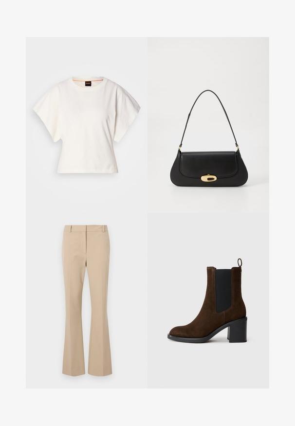 Bela skrajšana majica s kratkimi širokimi rokavi, mehka bombažna tkanina, okrogla ovratnica z diskretnim oranžnim robom, minimalističen dizajn, brez vzorcev ali grafike.; Bež hlače s krojem na ravno, z ravno sprednjo stranjo, z zankami za pas in gladko teksturo. Brez vidnih žepov ali vzorcev.; Brahke čevlji iz sued kože do gležnjev z zaobljenim nosom, elastičnim stranskim vložkom in blokastim peto. Imajo zanko na hrbtni strani za enostavno obuvanje.; Črna usnjena torba s ukrivljeno zasnovo, z zlatimi dodatki in zgornjim ročajem. Ima eleganten zapirni mehanizem in gladko teksturo.