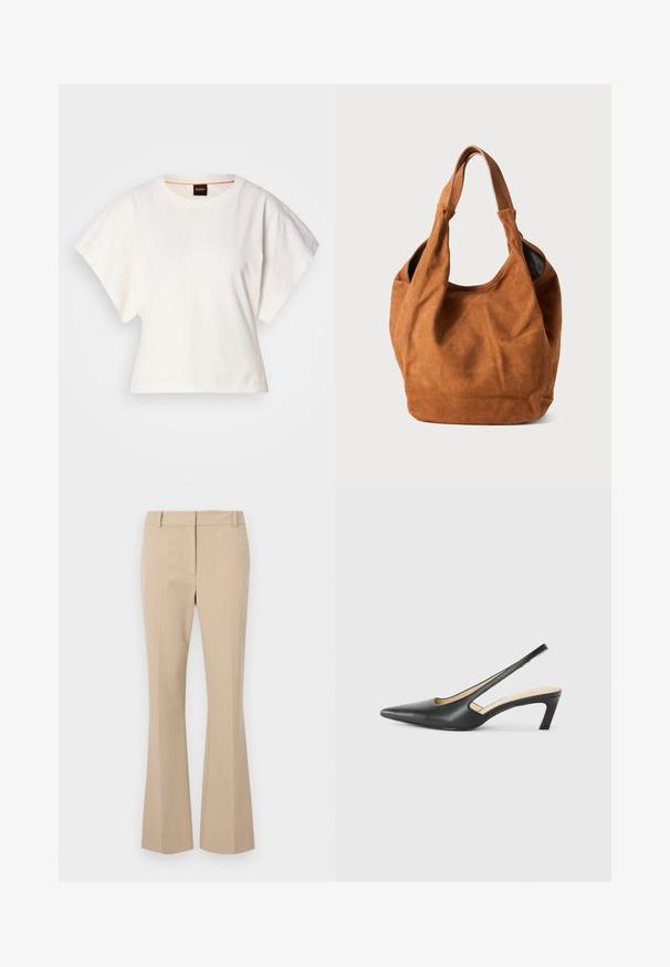 Witte gecropte T-shirt, korte brede mouwen, zachte katoenmaterialen, ronde halslijn met subtiele oranje rand, minimalistisch ontwerp, geen patronen of graphics.; Beige op maat gemaakte broek met een rechte pasvorm, voorzien van een platte voorkant, riemlussen en een gladde textuur. Geen zichtbare zakken of patronen.; Zwarte puntige slingback schoen met een lage hak, gemaakt van soepel leer en voorzien van een uitsnede aan de zijkant voor ventilatie.; Bruine suède schoudertas met een zachte textuur, gebogen vorm en twee handvatten. Heeft een minimalistisch ontwerp zonder zichtbare hardware of accenten.
