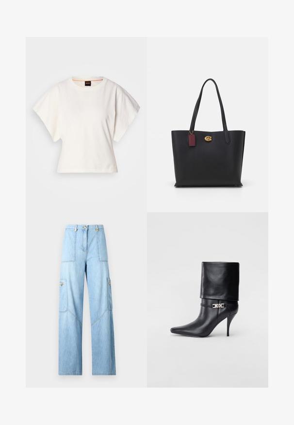 Bela skrajšana majica s kratkimi širokimi rokavi, mehka bombažna tkanina, okrogla ovratnica z diskretnim oranžnim robom, minimalističen dizajn, brez vzorcev ali grafike.; Svetlo modri široki kavbojke iz denima. Vključujejo velike stranske žepke, šivane detajle in gumbasto zapiranje z zlatimi poudarki.; Črne usnjene gležnjarje z ostrim nosom, visokim stiletto peto, zavihanim robom in zlatim okrasnim zaponko na gležnju.; Črna usnjena torba s dolgimi ročaji, teksturirana površina, zlat pribor in bordo oznaka. Prostorna zasnova z odprtim vrhom.