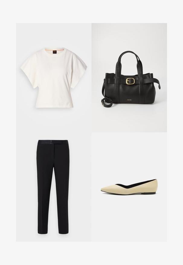 Valge lühikeste laiadte varrukatega lühike T-särk, pehme puuvillane materjal, ümar kaelus kergelt oranži ääristusega, minimaalne disain, ilma mustrite ja graafikateta.; Mustad püksid, millel on sile tekstuur, sirge lõike kujundus ja satiinist vöökoht. Omab minimaalset detailide hulka ning pole nähtavaid mustreid ega aktsente.; Beige nahast teravatipulised lapikud kingad, millel on madal must põhi. Siseküljel on kontrastne must vooder. Siledat kaart, ilma mustriteta.; Must mustraga nahkakott, millel on struktureeritud disain, kaks ülemist kanda, kuldse tooni pandla aktsent ja esiküljel embosseeritud brändi logo.