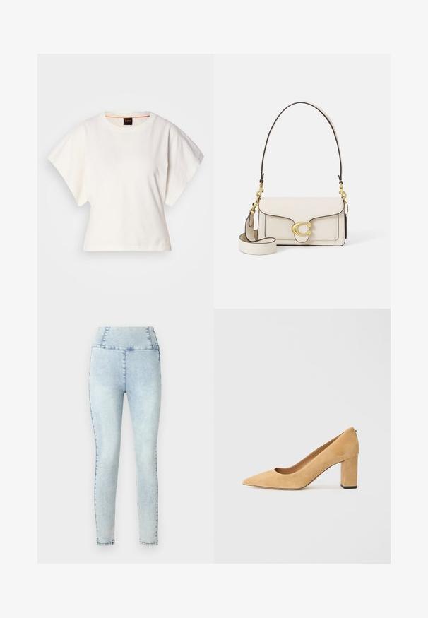 Fehér, rövid, bő ujjú, crop szabású póló, puha pamut anyagból, kerek nyakkivágással, finom narancssárga díszítéssel, minimalista dizájn, minta vagy grafika nélkül.; Világoskék farmer leggings, magas derékkal és skinny fazonnal. Finom kopás és varrott részletek találhatók az összevarrások mentén.; Beige velúr magassarkú cipő, hegyes orral és tömzsi sarokkal. Az anyag puha tapintású, sima felületű.; Krém színű bőrtáska strukturált kivitelben, kontrasztos fekete élekkel, arany hardware-rel, és egy levehető pánttal, amelyen a jellegzetes logó található.