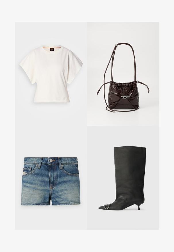 White cropped T-shirt, short wide sleeves, soft cotton material, round neckline with subtle orange trim, minimal design, no patterns or graphics.; Denim shorts in light blue with a faded effect, five-pocket design, contrasting stitching, and a front button fastening.; Black leather ankle boot with a pointed toe, small heel, and metallic accent detail on the toe. Smooth, matte texture throughout.; Dark brown shiny leather shoulder bag with gathered top and thin adjustable strap, featuring a small silver-tone clasp detail on front.