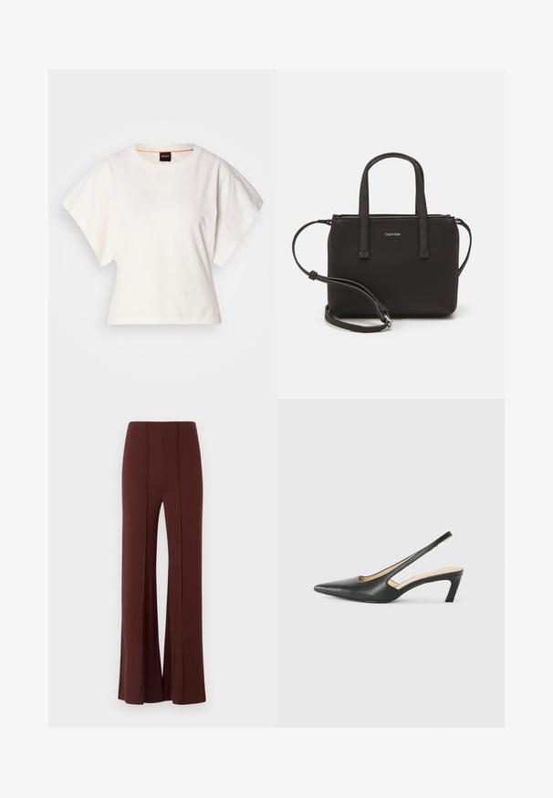 Camiseta blanca recortada, con mangas cortas y anchas, material de algodón suave, cuello redondo con un sutil ribete naranja, diseño minimalista, sin patrones ni gráficos.; Pantalones de pierna ancha marrones con cintura alta, hechos de una tela suave que presenta costuras verticales en el frente y un dobladillo terminado de manera impecable.; Zapato negro de punta afilada tipo slingback con un tacón bajo, que presenta un material de cuero suave y un diseño recortado en el lateral para mayor transpirabilidad.; Bolso de mano negro con dos asas cortas y una correa de hombro removible. Material suave tipo cuero con cierre de cremallera y detalle del logo.