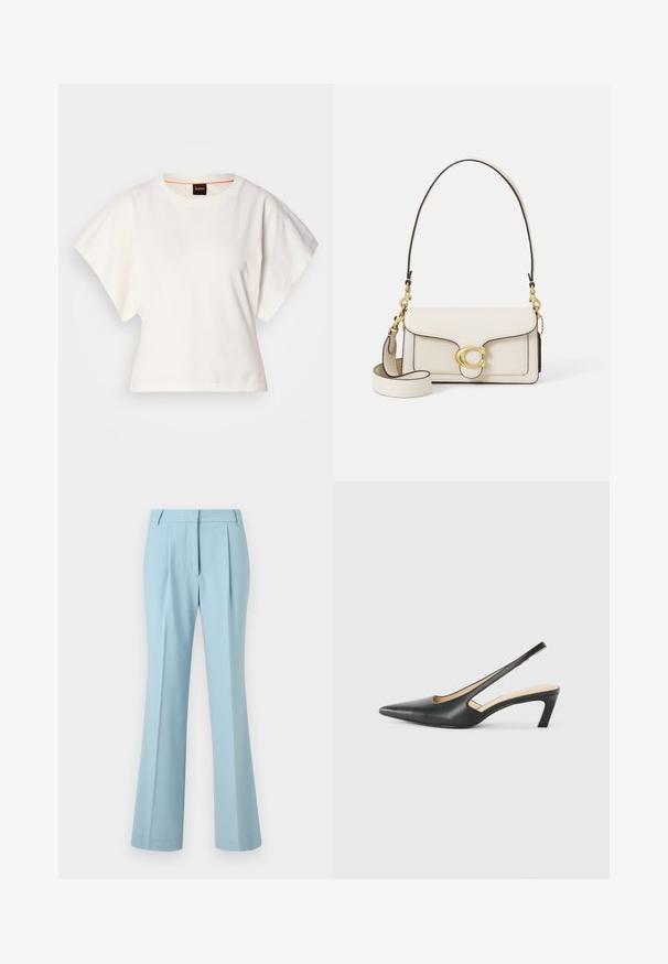 Balts īsais T-krekls, plašas īsas piedurknes, mīksts kokvilnas materiāls, apaļa kakla izgriezums ar delikātu oranžu apdari, minimāls dizains, bez rakstiem vai grafikām.; Gai zilu bikses ar gludu faktūru, paplašinātām kājām un priekšējām krokām. Iezīmē standarta jostasvietu un smalkas šuvju detaļas.; Melna, ar smailu purngalu, slingback kurpe ar zemu papēdi, izgatavota no gludas ādas materiāla un ar izgriezumiem sānos gaisa caurlaidībai.; Krēmpiena ādas rokassoma ar strukturētu dizainu, kontrastējošām melnām malām, zelta aparatūru un noņemamu siksnu ar paraksta logotipu.