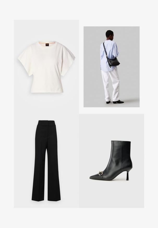 Balts īsais T-krekls, plašas īsas piedurknes, mīksts kokvilnas materiāls, apaļa kakla izgriezums ar delikātu oranžu apdari, minimāls dizains, bez rakstiem vai grafikām.; Melni plašie bikses ar augstu jostasvietu, ar gludu tekstūru un bez redzamām detaļām vai rotājumiem.; Melnā ādas potīšu zābaku ar smailu purngalu, šauru vidēja augstuma papēdi un sudraba sprādzi sānos uz vienkrāsaina fona.; Melna ādas plecu soma ar mīkstu tekstūru, trīsstūra formu un regulējamu siksnu, apvienota ar gaiši zilu svītrotu krekli un baltām biksēm.