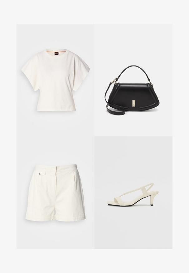 T-shirt blanc cintré, manches courtes et larges, en coton doux, décolleté rond avec une discrète bordure orange, design minimaliste, sans motifs ni graphiques.; Shorts en coton blancs avec une taille plate, poches latérales, plis sur le devant et un bouton unique pour la fermeture à la taille. Silhouette ajustée, texture lisse.; Sandales beiges à talons carrés avec des fines brides et un bout carré. Matière lisse avec des détails minimaux, conçues pour un port facile.; Sac à main en cuir noir avec un design structuré, featuring une forme cropped, une poignée supérieure et des accents en matériel doré. Bandoulière réglable incluse.