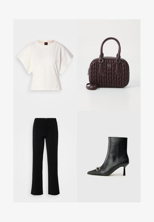 Fehér, rövid, bő ujjú, crop szabású póló, puha pamut anyagból, kerek nyakkivágással, finom narancssárga díszítéssel, minimalista dizájn, minta vagy grafika nélkül.; Fekete, harang alakú nadrág sima anyagból készül. Rugalmas derékrésszel rendelkezik a kényelem érdekében, és letisztult, egyszerű sziluettje van.; Fekete bőr bokacsizma hegyes orral, vékony közép magasságú sarokkal és ezüst csattal az oldalon, sima háttér előtt.; Burgundi bőr kézitáska steppelt mintával, dupla felső fogantyúval és levehető pánttal. Ezüstszínű hardverrel és dombornyomott logóval rendelkezik.