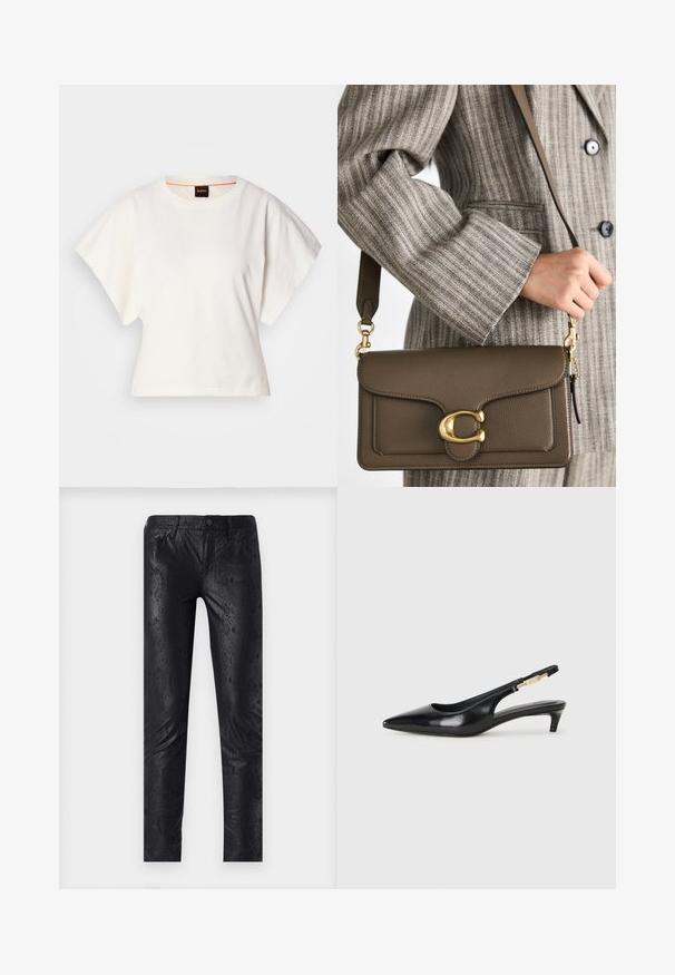 Valkoinen lyhythihainen t-paita, leveät lyhyet hihat, pehmeää puuvillamateriaalia, pyöreä pääntie jossa hienovarainen oranssi reunus, minimaalinen muotoilu, ei kuvioita tai graafisia elementtejä.; Mustat tekonahkahousut, joissa on käärmeennahkakuosi, slim fit -muotoilu sekä viisi taskua ja nappisuljenta.; Mustat nahkaiset slingback-korkokengät, joissa on terävä kärki, ohuet korot ja kultasävytteinen yksityiskohta säädettävässä hihnassa. Silkkinen pinta.; COACH TABBY SHOULDER BAG 26 - Käsilaukku - dark stone