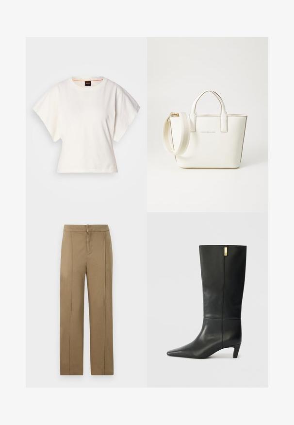 T-shirt branco cropped, mangas curtas e largas, material de algodão suave, decote redondo com um discreto acabamento laranja, design minimalista, sem padrões ou gráficos.; Calças caqui feitas de tecido suave, com cintura média, design de perna reta e duas costuras verticais para um detalhe adicional.; Bota de couro preto até ao joelho com bico fino e um pequeno tacão. Apresenta um design elegante com um detalhe em dourado. Textura suave.; Bolsa de mão em imitação de couro branco, com alças curtas, alça de ombro ajustável e acabamentos em tom dourado; apresenta um logo discreto na parte da frente.