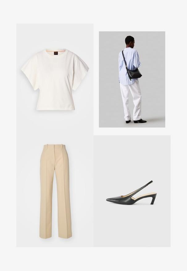 Balts īsais T-krekls, plašas īsas piedurknes, mīksts kokvilnas materiāls, apaļa kakla izgriezums ar delikātu oranžu apdari, minimāls dizains, bez rakstiem vai grafikām.; HUGO HULANA - Auduma bikses - open beige; Melna, ar smailu purngalu, slingback kurpe ar zemu papēdi, izgatavota no gludas ādas materiāla un ar izgriezumiem sānos gaisa caurlaidībai.; Melna ādas plecu soma ar mīkstu tekstūru, trīsstūra formu un regulējamu siksnu, apvienota ar gaiši zilu svītrotu krekli un baltām biksēm.