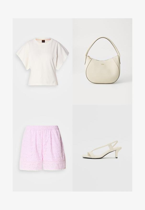 Bela skrajšana majica s kratkimi širokimi rokavi, mehka bombažna tkanina, okrogla ovratnica z diskretnim oranžnim robom, minimalističen dizajn, brez vzorcev ali grafike.; Roze bombažne kratke hlače z vezenim cvetličnim motivom, elastičnim pasom in čipkastim robom. Lahka in zračna tkanina.; Bež sandale z blok peto, tankimi trakovi in kvadratnim prstom. Gladek material z minimalnim okrasjem, zasnovan za enostavno nošenje.; Kremna torbica z teksturiranim zaključkom, ukrivljena oblika, kratek ročaj in detajl v zlatem tonu z logotipom. Zadrga na vrhu.