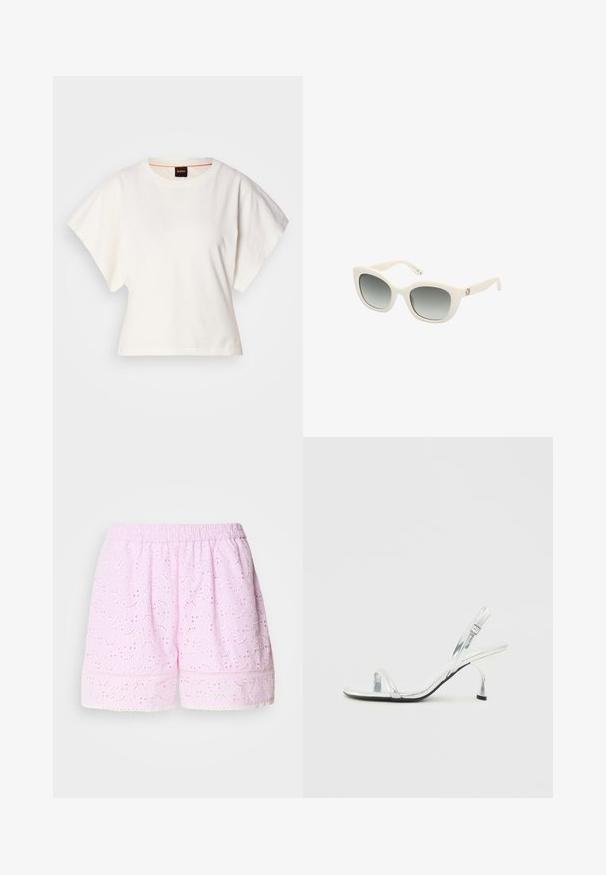Witte gecropte T-shirt, korte brede mouwen, zachte katoenmaterialen, ronde halslijn met subtiele oranje rand, minimalistisch ontwerp, geen patronen of graphics.; Roze katoenen shorts met geborduurd bloemenontwerp, elastische tailleband en kantafwerking aan de onderrand. Lichtgewicht en ademende stof.; Zilveren gepatineerde leren slingback sandalen met hoge hak, een smalle teband, een verstelbare gesp en een slanke hak.; Witte plastic zonnebril met een cat-eye vorm, gradient grijze lenzen, stevige pootjes en gouden logo details aan de zijkant.