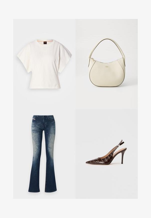 Bílý zkrácený T-shirt, krátké široké rukávy, měkký bavlněný materiál, kulatý výstřih s jemným oranžovým lemováním, minimalistický design, bez vzorů nebo grafik.; Rozšířené džíny v tmavě modré barvě se světlejším vyblednutím, texturovaným povrchem a zipem. Design s pěti kapsami a štítkem značky.; Hnědé lodičky s vykrojenými boky vyrobené z krokodýlí struktury, s špičatou špičkou a tenkým vysokým podpatkem. Navrženy s nastavitelným přezkovým zapínáním.; Kabelka krémové barvy s texturovaným povrchem, zakřiveným tvarem, krátkým uchopením a zlatým logem. Zapínání na zip na vrchu.