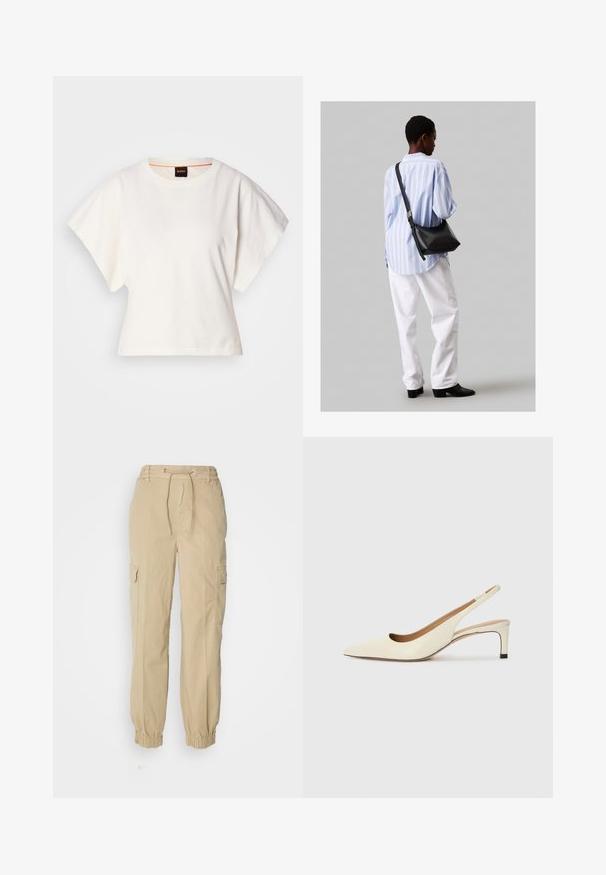 Biely skrátený tričko, krátke široké rukávy, mäkký bavlnený materiál, okrúhly výstrih s jemným oranžovým lemovaním, minimalistický dizajn, bez vzorov alebo grafiky.; HUGO HISUNE - Kapsáče - open beige; Lodičková obuv so špicatou špičkou v béžovej kože, s nízkym opätkom a vykrojeným dizajnom, hladkou textúrou a minimálnymi akcentmi.; Čierna kožená ramenná taška so mäkkou textúrou, trojuholníkovým tvarom a nastaviteľným popruhom, skombinovaná s svetlomodrou pruhovanou košeľou a bielymi nohavicami.