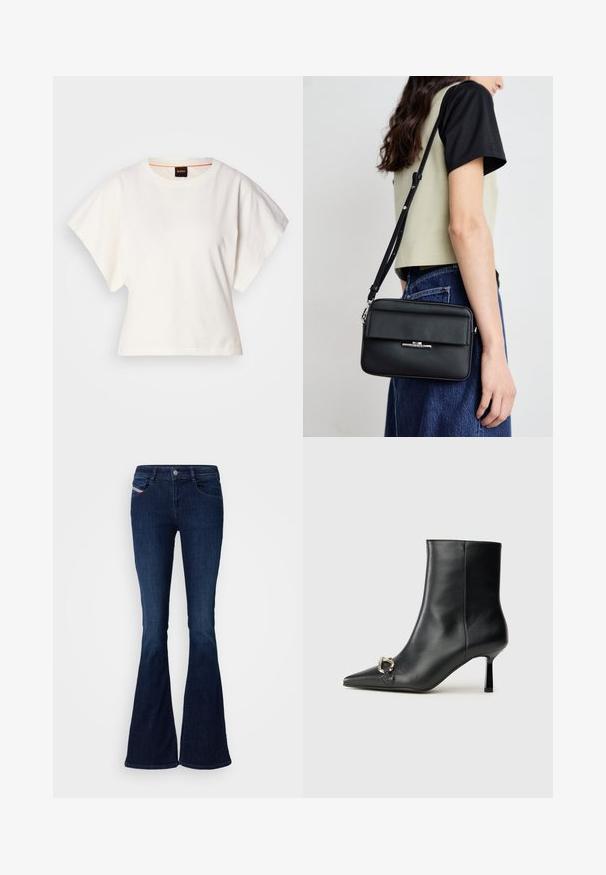 Camiseta blanca recortada, con mangas cortas y anchas, material de algodón suave, cuello redondo con un sutil ribete naranja, diseño minimalista, sin patrones ni gráficos.; Jeans acampanados de color azul oscuro con una textura de denim suave, que cuentan con bolsillos frontales, un cierre de botón y una sutil etiqueta de la marca en el lateral.; Botín negro de cuero hasta el tobillo con punta afilada, tacón delgado de altura media y detalle de hebilla plateada en el lateral, sobre un fondo liso.; Calvin Klein LINEAR CAMERA BAG - Bandolera - black