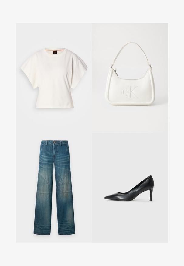 Witte gecropte T-shirt, korte brede mouwen, zachte katoenmaterialen, ronde halslijn met subtiele oranje rand, minimalistisch ontwerp, geen patronen of graphics.; Wijdvallende spijkerbroeken in medium blauw, met een vervaagde afwerking, patchwork naden en een klassieke vijf-pocket design met een knoopsluiting.; Zwarte leren pump met spitse neus en een slanke hak, gladde textuur en geen zichtbare versieringen. Schoon ontwerp met een minimalistische esthetiek.; Witte lederen handtas met een gebogen vorm, voorzien van een reliëf "CK" logo aan de voorkant en een enkele schouderriem. Ritsluiting aan de bovenkant.