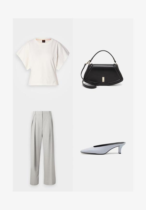 White cropped T-shirt, short wide sleeves, soft cotton material, round neckline with subtle orange trim, minimal design, no patterns or graphics.; Light gray pleated trousers with a high waist, wide leg design, smooth texture, and no visible hardware or patterns.; Light blue patent leather mule with a pointed toe, low transparent heel, and a sleek design featuring a cut-out at the vamp.; Black leather handbag with a structured design, featuring a cropped shape, top handle, and gold hardware accent. Adjustable shoulder strap included.