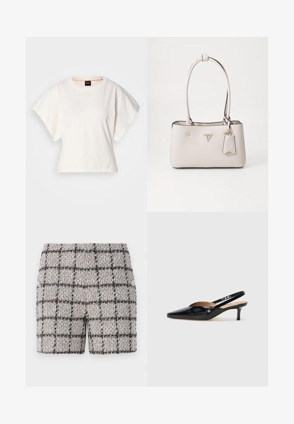 Weißes, kurzes T-Shirt, kurze weite Ärmel, weicher Baumwollstoff, runder Ausschnitt mit subtilen orangefarbenen Akzenten, minimales Design, keine Muster oder Grafiken.; Tweed-Shorts in einer neutralen Farbe mit einem schwarz-weißen Karomuster. Merkmale dekorative Knöpfe auf der Vorderseite. Texturierter Stoff.; Schwarze Lackleder Slingback-Pump mit spitzem Zehenbereich, kleinem Absatz und einem Ausschnittdesign auf dem Vorderteil. Hardware in Goldton als Akzent an der Seite.; Beige Handtasche aus Kunstleder mit glatter Textur, doppelten Schulterriemen, goldenen Beschlägen, Logo-Plakette und einem angehängten Etikett.