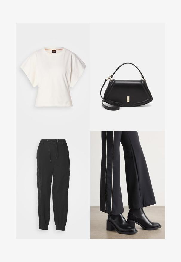 Biely skrátený tričko, krátke široké rukávy, mäkký bavlnený materiál, okrúhly výstrih s jemným oranžovým lemovaním, minimalistický dizajn, bez vzorov alebo grafiky.; Čierne cargo nohavice s elastickým pásom, šnúrkou a bočnými vreckami; zúžené nohavice so zopnutými okrajmi. Vyrobené z ľahkého materiálu.; Čierne kožené členkové topánky s blokovým podpätkom, vybavené elastickými bočnými panelmi. Skombinované s čiernymi nohavicami, ktoré majú biely bočný pruh.; Čierna kožená kabelka so štruktúrovaným dizajnom, s krátkym tvarom, hornou rúčkou a zlatými prvkami. Súčasťou je nastaviteľný ramenný popruh.