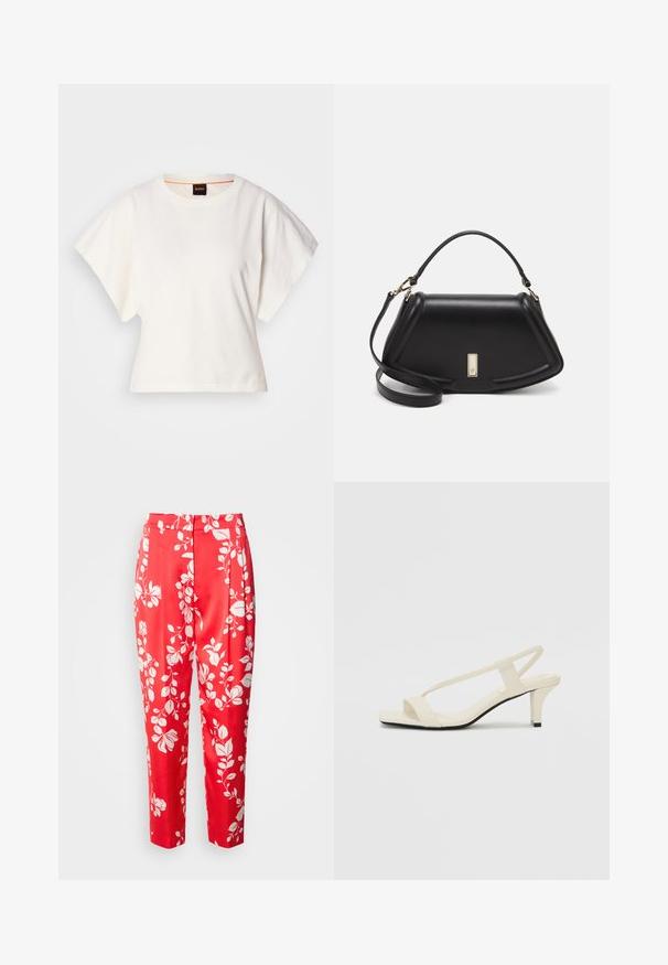 Hvit cropped T-skjorte, korte vide ermer, myk bomullsmateriale, rund halslinning med subtilt oransje kantbånd, minimalistisk design, uten mønstre eller grafikk.; Røde bukser laget av glatt stoff med et hvitt blomstermønster. De har en skreddersydd passform med høyt liv og cropped lengde.; Beige blokk-høydesandaler med tynne stropper og firkantet tå. Glatt materiale med minimale detaljer, designet for enkel bruk.; Sort lærveske med en strukturert design, som har en avkortet form, topphåndtak og detaljer i gull. Justerbar skulderstropp inkludert.