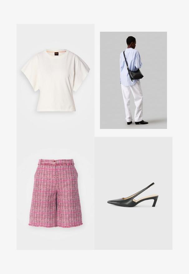 Balts īsais T-krekls, plašas īsas piedurknes, mīksts kokvilnas materiāls, apaļa kakla izgriezums ar delikātu oranžu apdari, minimāls dizains, bez rakstiem vai grafikām.; Rozā tīklotās šortos ar teksturētu rakstu un plīsu malu. Iezīmējas ar jostu, kas aizveras ar pogu. Viegls audums, vidusceļa garums.; Melna, ar smailu purngalu, slingback kurpe ar zemu papēdi, izgatavota no gludas ādas materiāla un ar izgriezumiem sānos gaisa caurlaidībai.; Melna ādas plecu soma ar mīkstu tekstūru, trīsstūra formu un regulējamu siksnu, apvienota ar gaiši zilu svītrotu krekli un baltām biksēm.