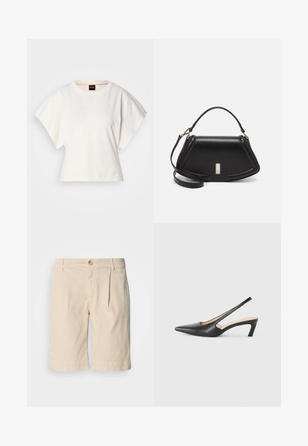 Witte gecropte T-shirt, korte brede mouwen, zachte katoenmaterialen, ronde halslijn met subtiele oranje rand, minimalistisch ontwerp, geen patronen of graphics.; Beige katoenen shorts met een rechte snit, voorzien van een omgeslagen zoom en een enkele knoopsluiting. Ontworpen met voorplooien en zijzakken.; Zwarte puntige slingback schoen met een lage hak, gemaakt van soepel leer en voorzien van een uitsnede aan de zijkant voor ventilatie.; Zwarte leren handtas met een gestructureerd ontwerp, featuring een verkorte vorm, bovenhandvat en gouden hardwareaccent. Inclusief verstelbare schouderband.