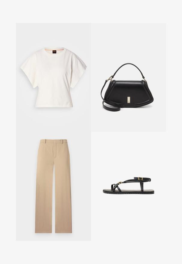 Witte gecropte T-shirt, korte brede mouwen, zachte katoenmaterialen, ronde halslijn met subtiele oranje rand, minimalistisch ontwerp, geen patronen of graphics.; Beige broek van soepel stof, met een rechte pijpdesign, riemlussen en een subtiele vouw aan de voorkant voor structuur.; Zwarte leren sandalen met dunne banden en een gespsluiting rond de enkel. Platte zool met een gestructureerde afwerking en een zigzagrand. Minimalistisch design.; Zwarte leren handtas met een gestructureerd ontwerp, featuring een verkorte vorm, bovenhandvat en gouden hardwareaccent. Inclusief verstelbare schouderband.