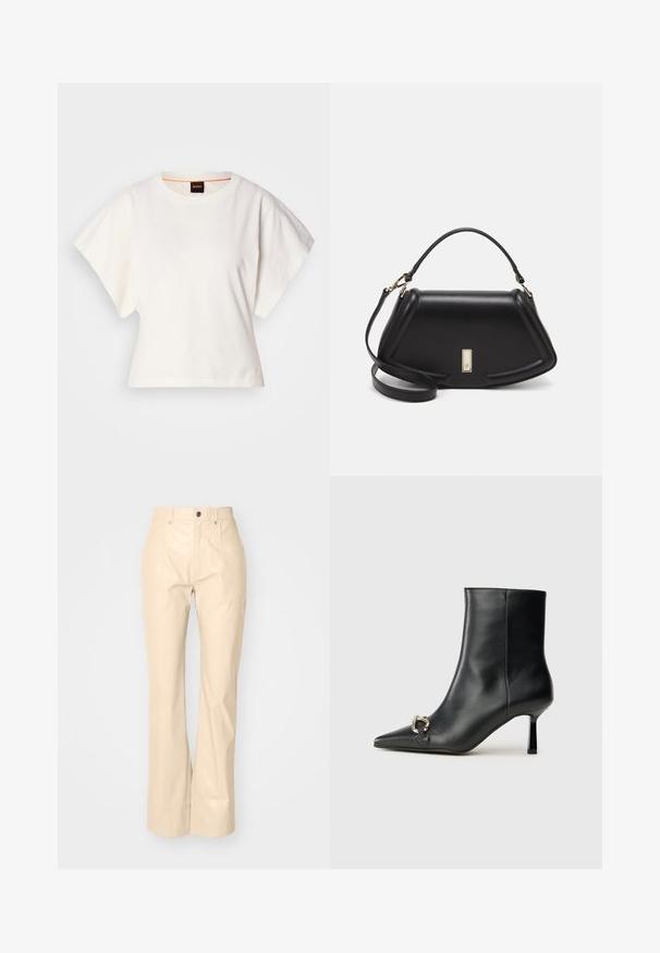 Witte gecropte T-shirt, korte brede mouwen, zachte katoenmaterialen, ronde halslijn met subtiele oranje rand, minimalistisch ontwerp, geen patronen of graphics.; Beige faux leren flarebroeken met een soepele textuur, voorzien van voorzakken, een knoopsluiting en een subtiele glansafwerking.; Zwarte leren enkelboot met spitse neus, slanke middenhoge hak en zilveren gespdetail aan de zijkant op een effen achtergrond.; Zwarte leren handtas met een gestructureerd ontwerp, featuring een verkorte vorm, bovenhandvat en gouden hardwareaccent. Inclusief verstelbare schouderband.