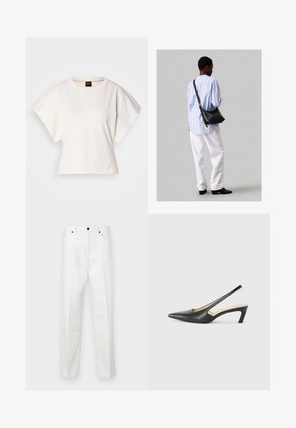 Baltas trumpas marškinėliai, plačios trumpomis rankovėmis, minkšta medvilnė, apvali kaklo iškirptė su subtiliu oranžiniu apvadu, minimalus dizainas, be raštų ar grafikų.; Balti džinsai, tiesaus kirpimo, su mygtukų uždarymu ir dviem priekinėmis kišenėmis. Be matomų raštų ar papuošimų. Glotni tekstūra.; Juodas smailus slingback batelis su žemu kulnu, pagamintas iš lygaus odos paviršiaus ir su išpjovomis šone, užtikrinančiomis oro pralaidumą.; Juodas odinis petinis krepšys su minkšta tekstūra, trikampiu pavidalu ir reguliuojama juosta, derinamas su šviesiai mėlynu dryžuotu marškinėliu ir baltais džinsais.