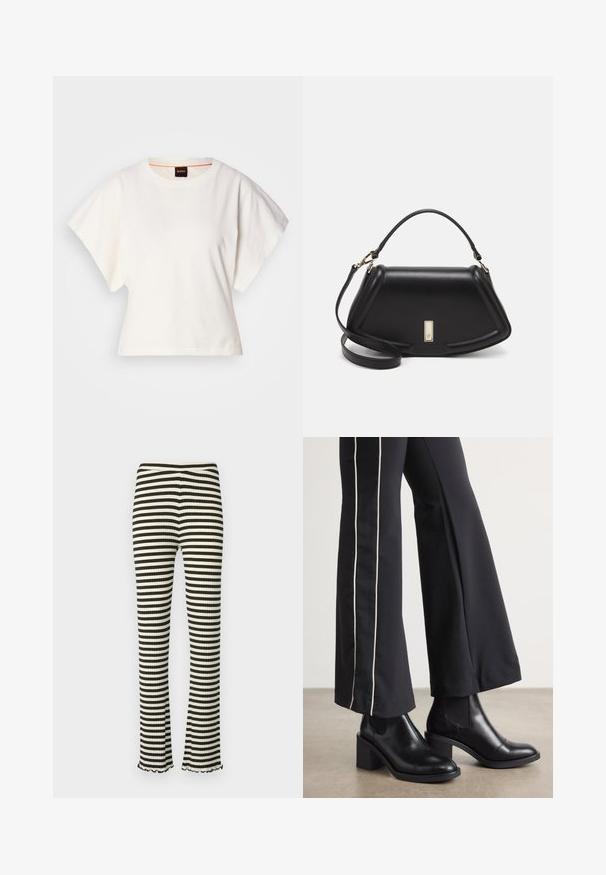 Bijeli skraćeni T-shirt, široke kratke rukave, mekani pamučni materijal, okrugli izrez s suptilnim narančastim detaljem, minimalistički dizajn, bez uzoraka ili grafika.; Mads Nørgaard STRIPE LONNIE PANTS - Hlače - rosin/vanilla ice; Crne kožne gležnjače s blok petom, s elastičnim bočnim panelima. Uparene s crnim hlačama koje imaju bijelu bočnu prugu.; Crna kožna torba s strukturiranim dizajnom, s krojenim oblikom, gornjom drškom i zlatnim detaljima. Uključena je podesiva ramena traka.