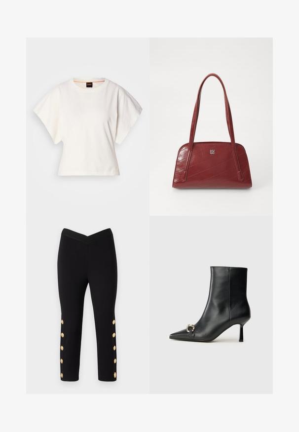 Fehér, rövid, bő ujjú, crop szabású póló, puha pamut anyagból, kerek nyakkivágással, finom narancssárga díszítéssel, minimalista dizájn, minta vagy grafika nélkül.; Fekete capri nadrág, amely testhez álló fazonnal rendelkezik, bordázott derékpánttal és arany gombdíszítéssel a lábak külső oldalán.; Fekete bőr bokacsizma hegyes orral, vékony közép magasságú sarokkal és ezüst csattal az oldalon, sima háttér előtt.; Fényes anyagból készült, piros steppelt kézitáska, amely két hosszú fogantyúval és egy ezüst logós kiemeléssel rendelkezik. A ferde varrás textúrát kölcsönöz neki.