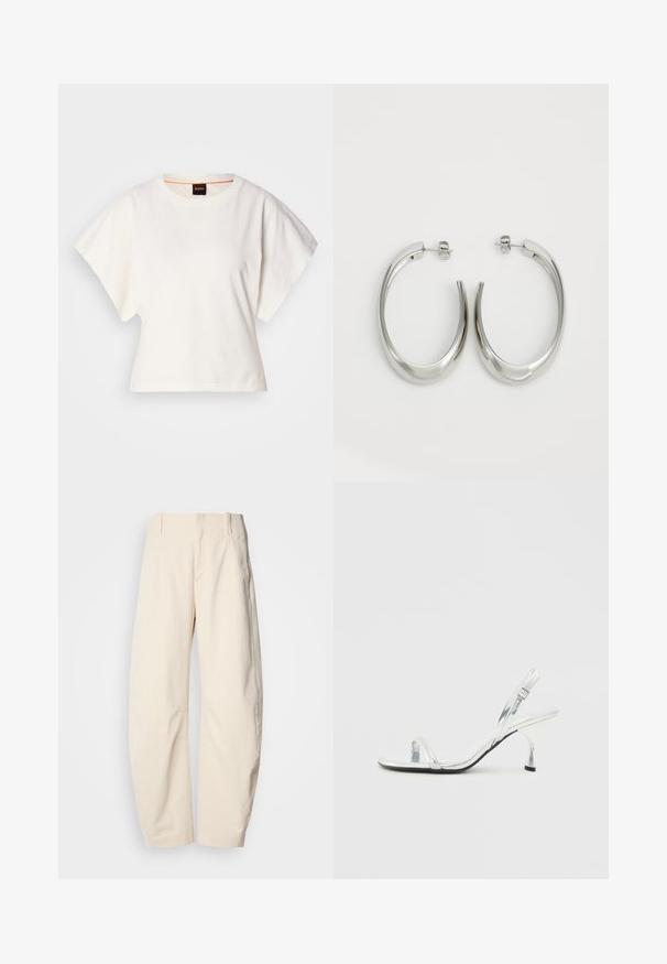 Hvid cropped T-shirt, korte brede ærmer, blødt bomuldsstof, rund halsudskæring med diskret orange kant, minimalistisk design uden mønstre eller grafik.; Cremefarvede bukser lavet af et tekstureret materiale, med høj talje, lige ben og sidelommer.; Sølv patentlæder slingback højhælede sandal med en smal tårem, justerbar spænde og en slank hæl.; Sølv hoops øreringe med et glat, buet design. Har en skinnende metallisk finish og studs-lukning. Ingen synlige mønstre eller accenter.