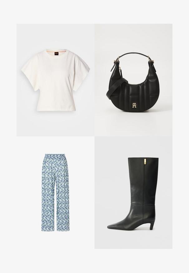 White cropped T-shirt, short wide sleeves, soft cotton material, round neckline with subtle orange trim, minimal design, no patterns or graphics.; Floral-print pants featuring a blue and green pattern on a white background, with a wide-leg cut and an elastic waistband.; Black leather knee-high boot with a pointed toe and a small heel. Features a sleek design with a gold accent detail. Smooth texture.; Black leather handbag with a curved shape, quilted texture, and gold hardware. Features a detachable shoulder strap and logo detail.
