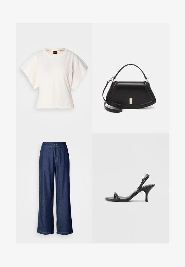 White cropped T-shirt, short wide sleeves, soft cotton material, round neckline with subtle orange trim, minimal design, no patterns or graphics.; Wide-leg denim pants in dark blue with a button waist closure, contrasting stitching, and a smooth texture. Tailored for a relaxed fit.; Black leather high-heeled sandals with a slim, curved heel and a crossed strap design. Adjustable ankle strap. Smooth texture.; Black leather handbag with a structured design, featuring a cropped shape, top handle, and gold hardware accent. Adjustable shoulder strap included.