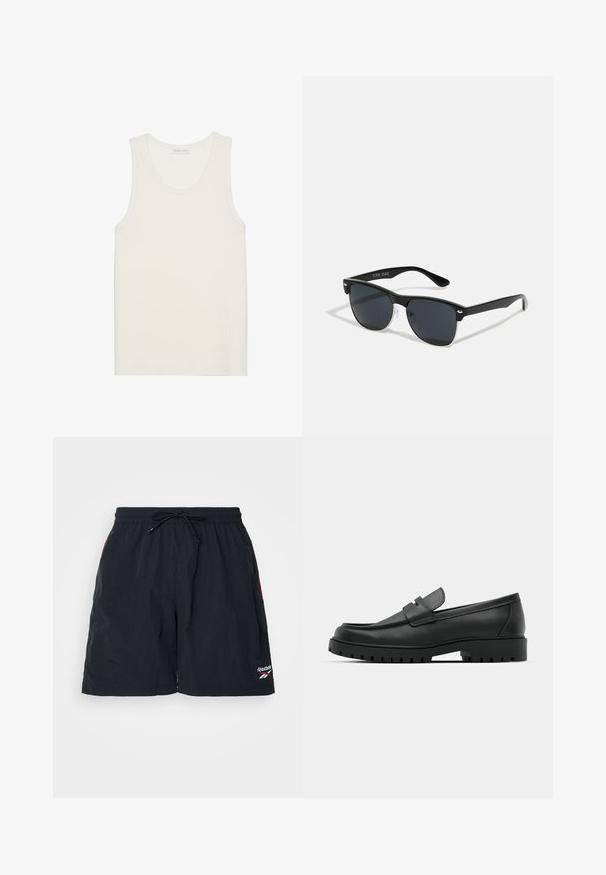 Ribota balta marškinėliai su apykaklę ir plačiomis petnešomis, pagaminti iš minkštos, tekstūruotos medžiagos, su tiesiu apačios kraštu.; Juodos sportinės šortai, pagaminti iš lengvos medžiagos, su elastingu juosmeniu ir raišteliu bei maža Reebok logo ant apvado.; Juodi odiniai loaferiai su apvalia nosimi, su siuvinėtu dizainu, žemu platformos padu ir tekstūruotu, sukibimo raštu padu.; Juodos saulės akinių su stačiakampiu rėmeliu, tamsiais lęšiais, sidabrinėmis detalėmis šventrajose ir matinio paviršiaus rėmeliu.